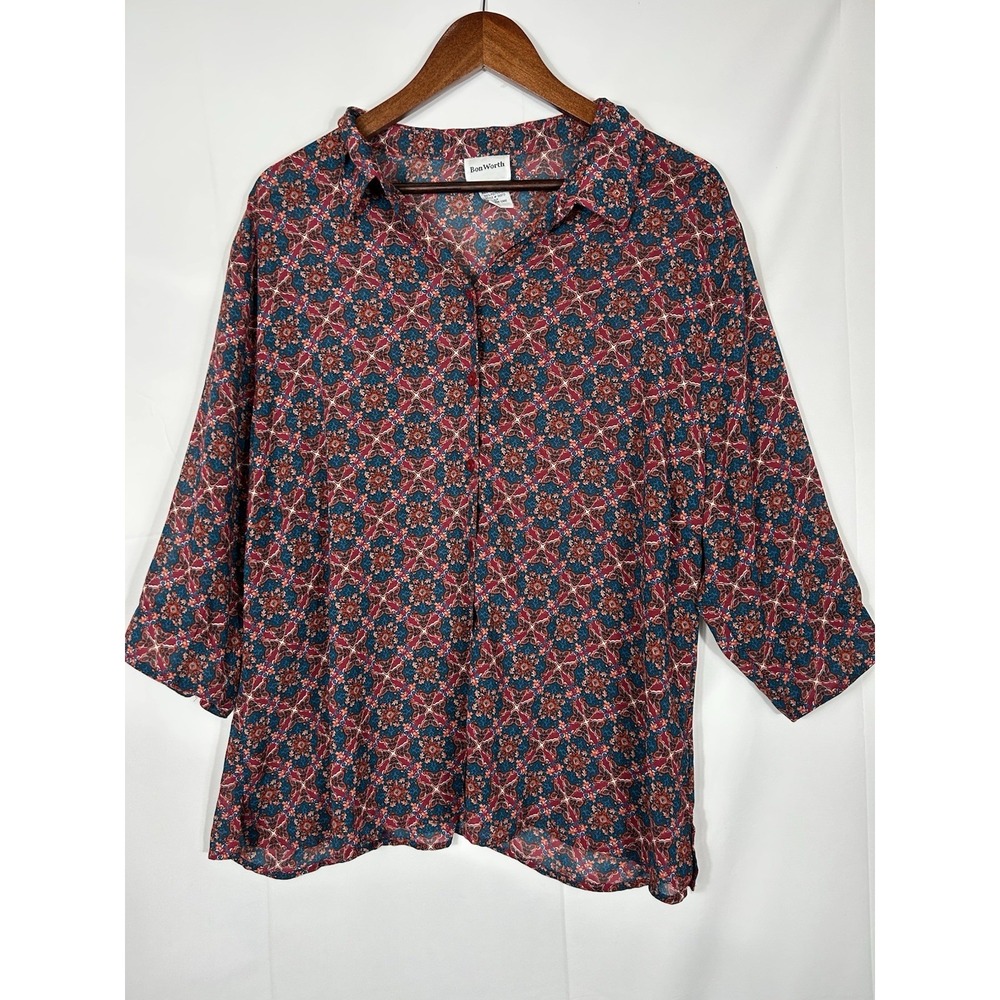 BonWorth Womens Sheer Geometric Button Down Top  Size XLP Boho‎ Artsy Mature